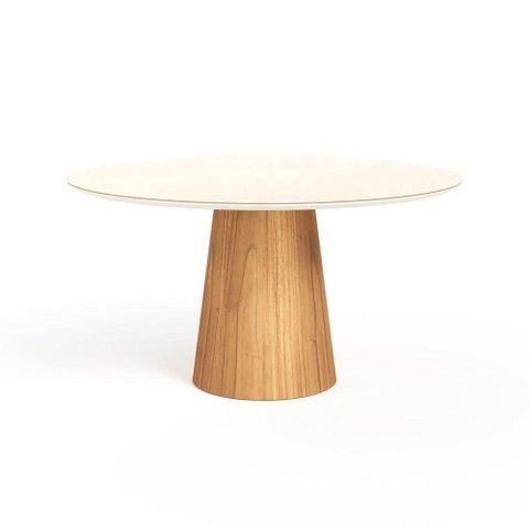 Mesa de Jantar Redonda 150cm Scandi 8 Lugares Lamina Natural de Madeira Off White Vidro