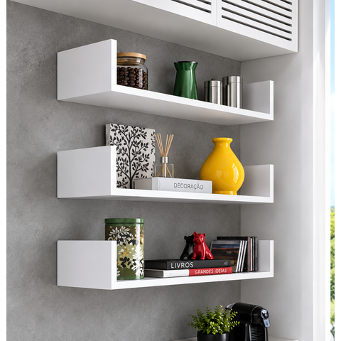 Trio Prateleiras U 60x15 MDF 15mm Branco Nicho Livros