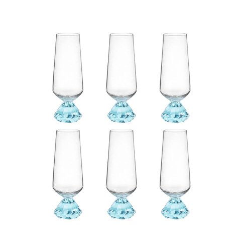 Conjunto 6 Taças de Champanhe em Vidro Base Cristal Prisma Azul 290ml JL1019 Btc