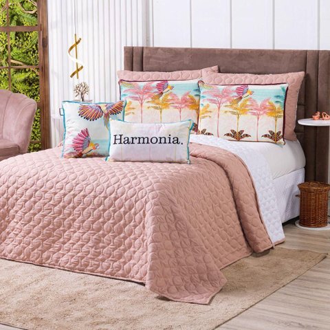 Kit Cobre Leito Colcha Solteiro Verano com Almofadas Estampadas 05 Peças - Dupla Face Percal 300
