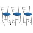 Ver imagem 1 de Kit 3 Banquetas Baixas Prata com Encosto Assento Azul