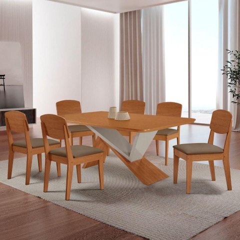 Mesa de Jantar Yasmin Tampo Laminado Canto Copo e 6 Cadeiras Veludo Capuccino/Naturale/Off White