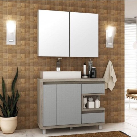 Gabinete para Banheiro com Cuba e Armário com Espelho 100cm Malbec Móveis Bosi