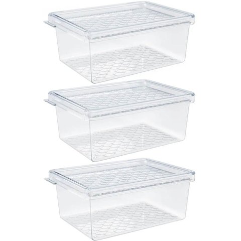 Kit 3 Organizadores de Geladeira com Tampa 660ml Cozinha Multiuso Frutas Transparente Uz