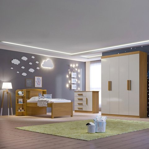 Quarto Infantil Completo com Guarda-Roupa Cama 100% MDF e Cômoda Angel Marrom/Cinamomo/Off White