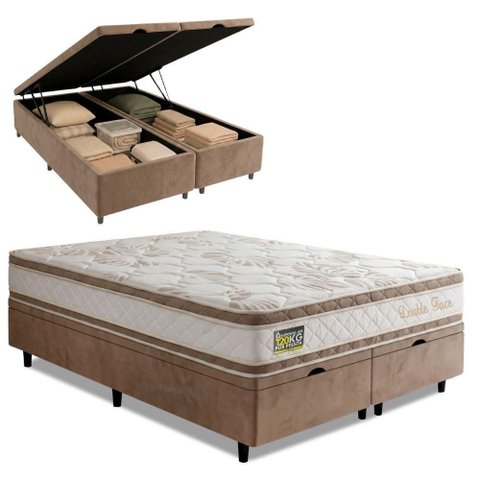Cama Box com Baú Queen D33 Double Face Molas Ensacadas Branco e Bege Hellen Estofados e Colchões