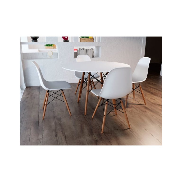 Conjunto Mesa 4 Cadeiras Brancas Eiffel 90cm Base Madeira Tampo Branco