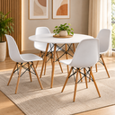Ver imagem 1 de Conjunto Mesa 4 Cadeiras Brancas Eiffel 90cm Base Madeira Tampo Branco