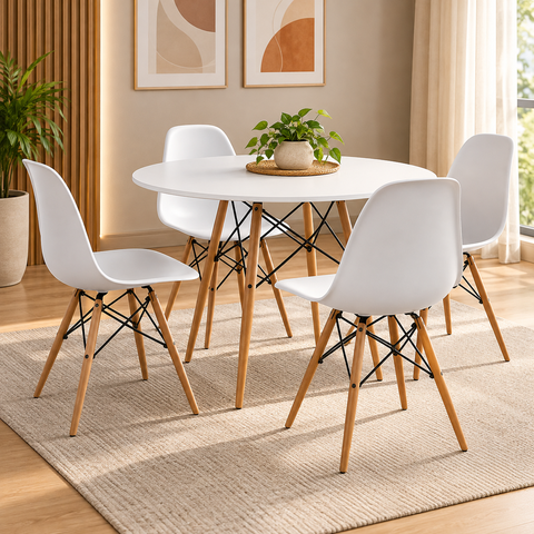 Conjunto Mesa 4 Cadeiras Brancas Eiffel 90cm Base Madeira Tampo Branco