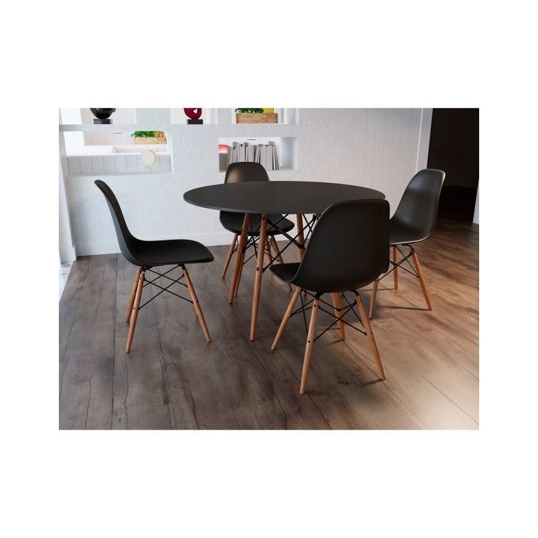 Jogo de Mesa 4 Cadeiras Pretas Eames Eiffel 90cm Base Madeira Tampo Preto NEW