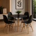 Ver imagem 1 de Jogo de Mesa 4 Cadeiras Pretas Eames Eiffel 90cm Base Madeira Tampo Preto New