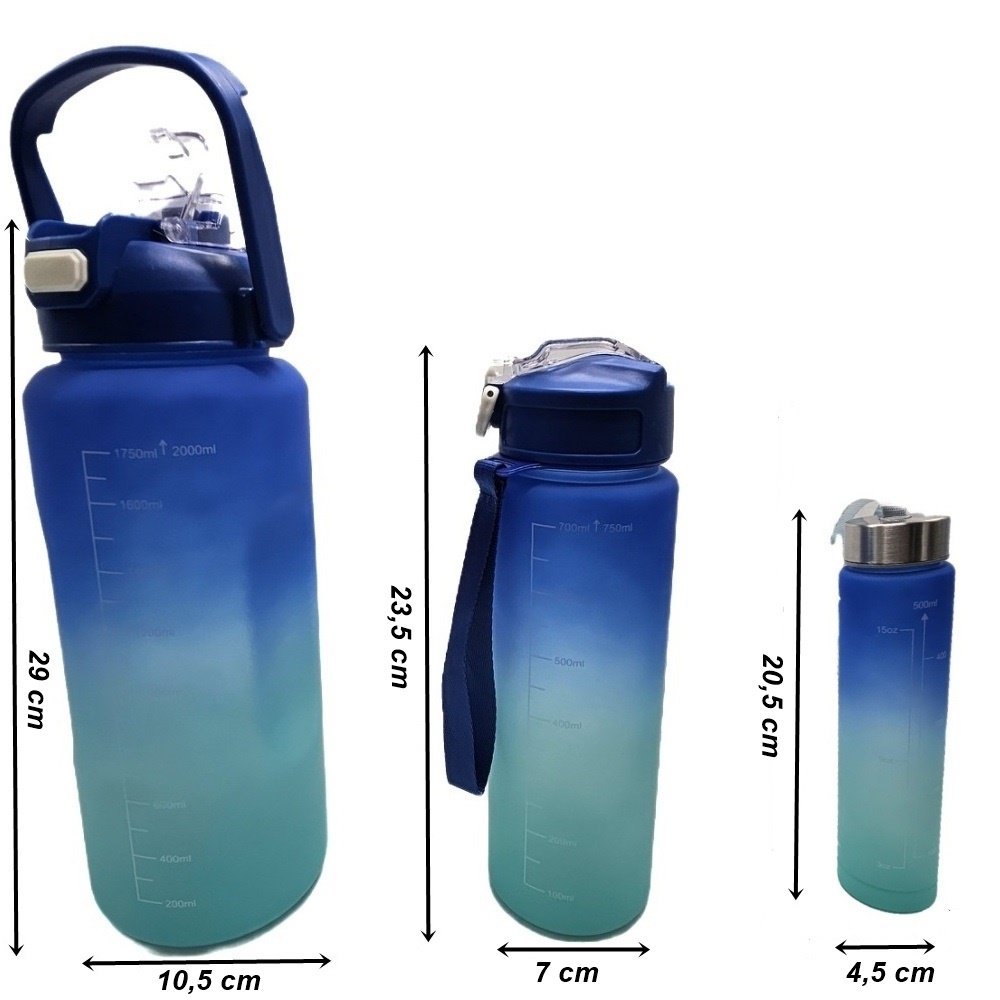 Garrafa Squeeze Kit com 3 (2, 0.75 e 0.5 litros) Frases Motivacionais Genérica Squeeze Motivacional  - 3