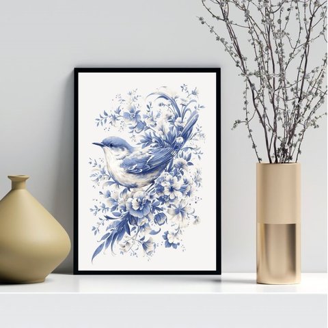 Quadro Arte Passarinho Floral Azul 33x24cm:moldura Preta