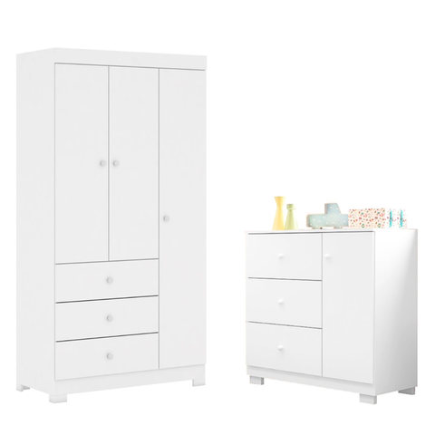 Conjunto Infantil Roupeiro Duda 3p e Comoda Mdf Branco Pheonix Baby