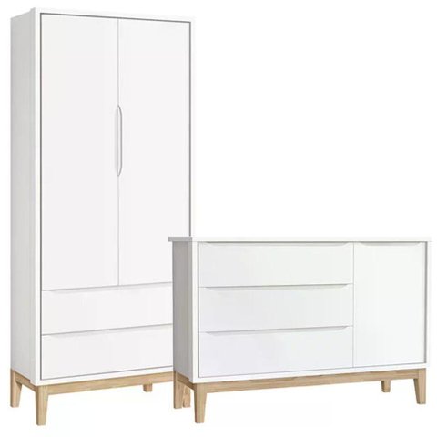 Jogo de Quarto Classic Guarda Roupa 2 Portas e Cômoda Branco Fosco com Pés Madeira Natural Reller