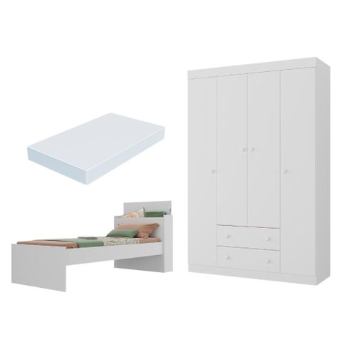 Jogo de Quarto Cama com Colchão Incluso e Guarda-Roupa 4 Portas 2 Gavetas Lira Multimóveis MP4839