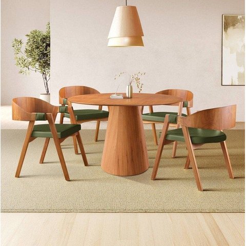 Conjunto Sala de Jantar Mesa Cone Amadeirada 120 cm + 4 Cadeiras Luna