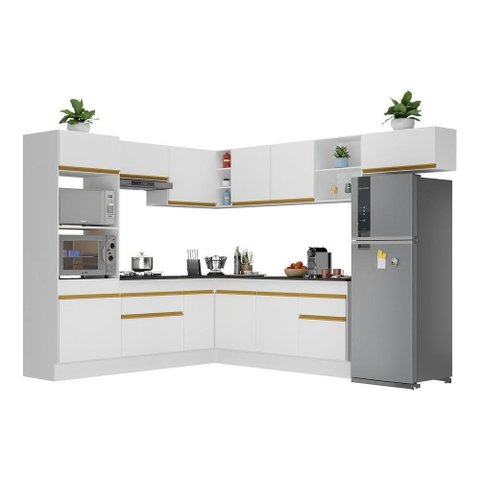 Armário de Cozinha Completa de Canto com Rodapé Veneza Multimóveis V2083 Branco/Dourado