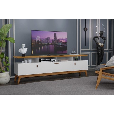 Rack ABS 1.80m Estilo Retrô Com Pés em Madeira e Puxadores em Couro Para TV Até 70'' 3 Portas Cor Of