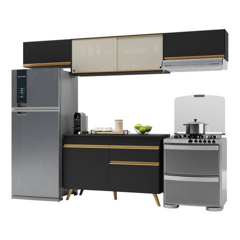 Armário de Cozinha Compacta 260cm Veneza Multimóveis V3698 Preto/Dourado