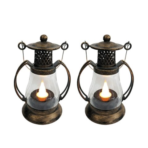 Jogo 2 Mini Lamparinas Led Decorativa Ouro Envelhecido 11cm Vela Artificial Branco Quente com Alça