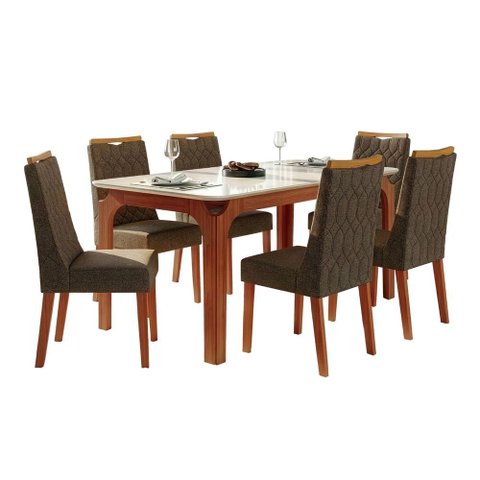 Conjunto Sala de Jantar Mesa Tampo em Vidro 1,60m Mel 6 Cadeiras Bel