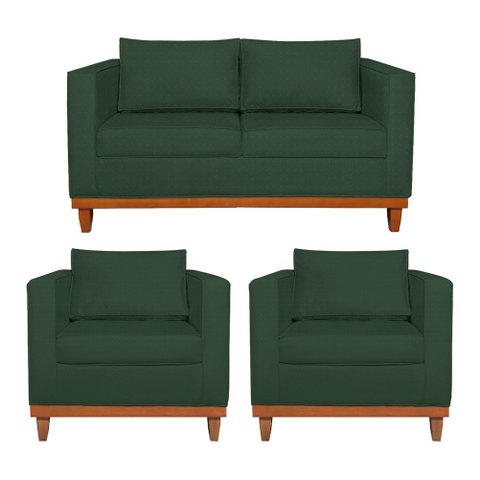 Kit Sofá 3 Lugares e 2 Poltronas Europa 180 cm Estilo Conforto e Elegância Linho Verde - Amarena