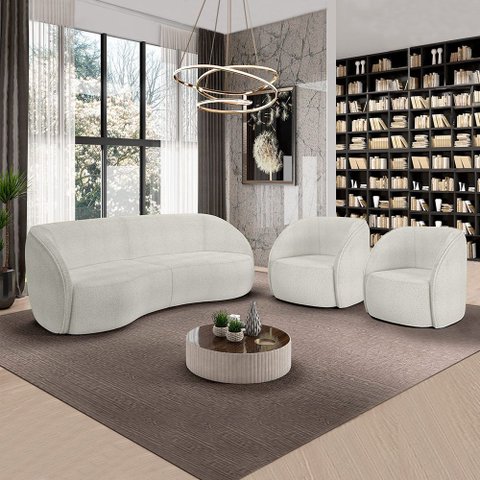 Conjunto Sofá Sala de Estar Bipartido 240cm e 2 Poltronas Clarke Bouclê Offwhite G45 - Gran Belo