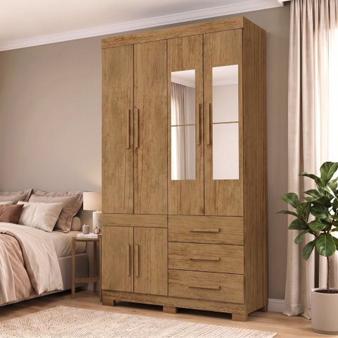 Guarda-Roupa Solteiro 6 Portas, 3 Gavetas, Pés e Espelho MDF Safira Plus Marrom/Cinamomo
