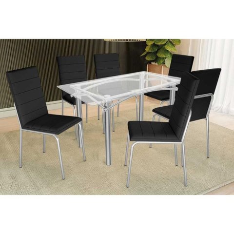 Sala de Jantar Completa Elba C/ Tampo de Vidro 150cm e 6 Cadeiras Amsterdã Cromada - Courano Preto