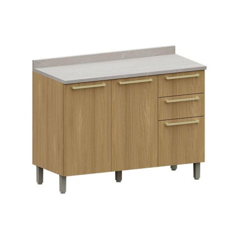 Balcão de Cozinha Pia 120cm 2 Pts e 3 Gav C/ Tampo Elegance Freijó/freijó Br/quartzo Bege