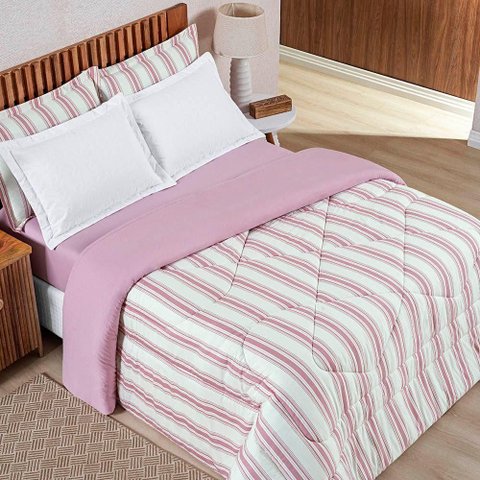 Coordenado Edredom com Lençol Estilo Queen 5 Peças Rosa 100% Algodão