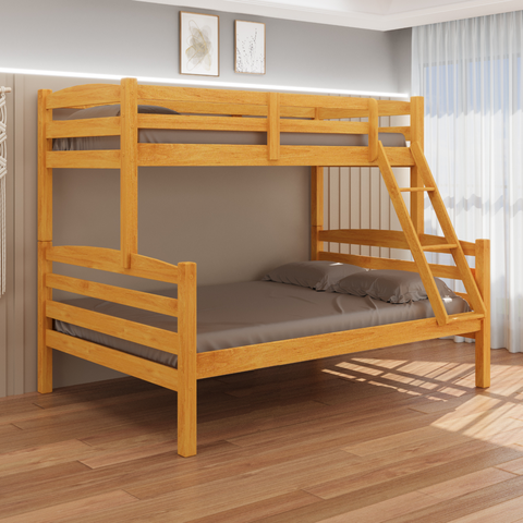 Beliche Casal e Solteiro Madeira Maciça Cor Mel com Grade de Proteção e Escada Cama