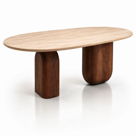 Mesa de Jantar Oblongo Balance com Base Dupla 120x80 cm Tampo Mármore Travertino Romano Base Nogueir