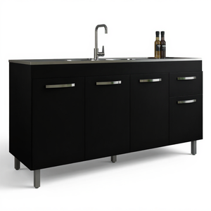 Gabinete para Pia 150cm Balcão Armário Cozinha Multiuso Preto