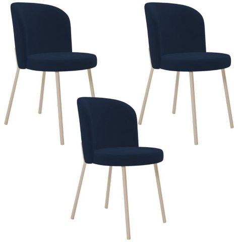 Kit 03 Cadeiras para Sala de Jantar Cozinha Estofada Gavi Arena L02 Suede Azul Marinho - Lyam Decor
