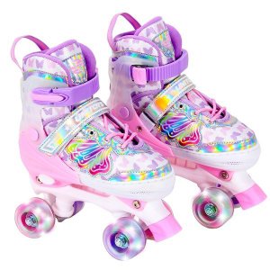 Patins Feminino Roller Infantil Rosa Borboleta Kit Proteção Unitoys Tam 34-37