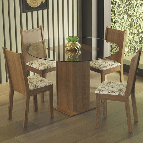 Conjunto Sala de Jantar Madesa Débora Mesa Tampo de Vidro Redondo 4 Cadeiras - Rustic/lírio Bege