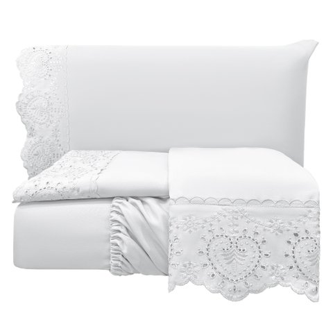 Jogo Cama Lençol Detail Queen Bordado Guipir Bordado Inglês Percal 300 Fios 4 Peças - Branco