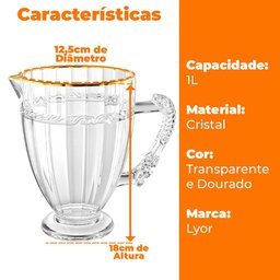 Jarra de Suco e Água em Cristal Transparente Imperial Fio de Ouro 1l - Lyor - 5