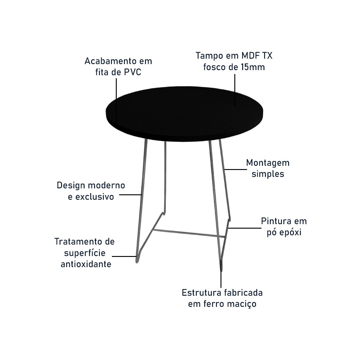 Mesa de Canto Lateral Amsterdã Alta Redonda Prata e Preto - 5