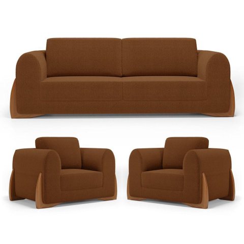 Kit 02 Poltronas e 01 Sofá Bloom 160cm 02 Lugares com Pés de Madeira Bouclê Terracota - Desk