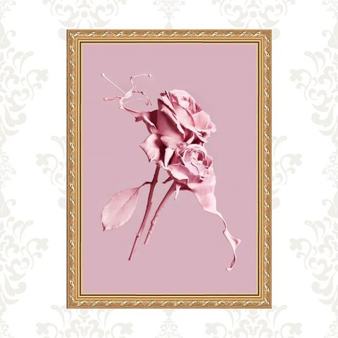 Quadro Moldura Dourada Flores Rosas - Tinta 24x18cm:com Vidro