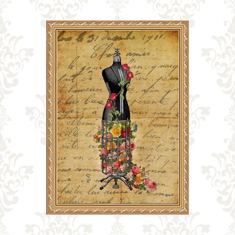 Quadro Moldura Dourada Manequim Costura Flores 24x18cm:com Acetato