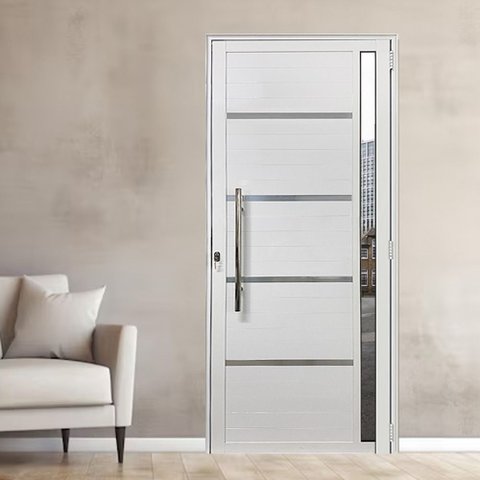 Porta Lambril com Puxador, Friso e Vidro Alumínio Branco Linha 25:Esquerda/ 210 x 90