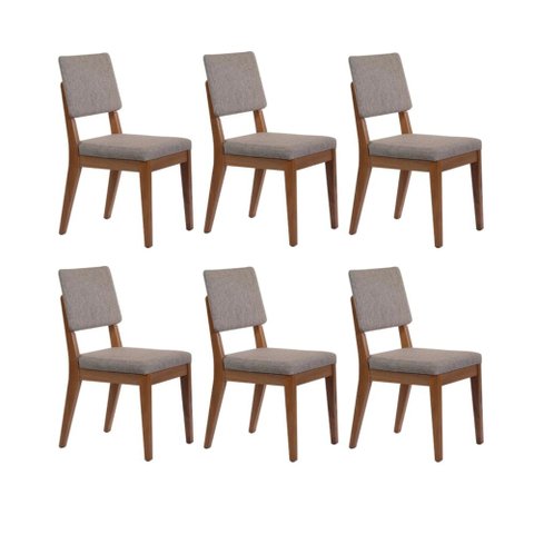 Conjunto com 6 Cadeiras de Madeira Maciça Estofada Ella - Natural C/ Mescla Cinza