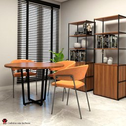 Escritório Industrial Mesa Redonda 110cm e 2 Estantes Altas Cor:nogal com Preto - 1