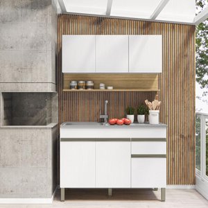 Kit Balcão de Pia sem Tampo e Aereo 120 Cm 6 Portas 1 Gaveta Line - Supremo/supremo/cp-freijó