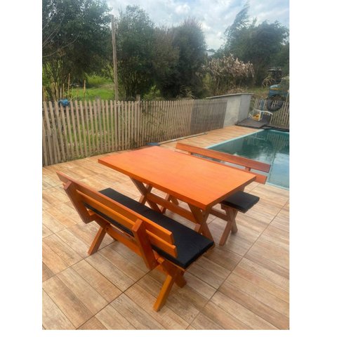 Mesa para Área Externa com 2 Bancos com Encosto Estofado Preto 120x80cm Kit Churrasco Mel