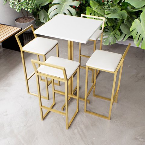 Jogo Mesa Alta Bistrô Quadrada Branca 4 Banquetas Estofado Confort Dourado Don Castro